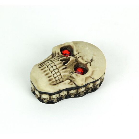 Creepy Human Skull Lidded Trinket Box With Jeweled Red Eyes - Picture 2 of 3